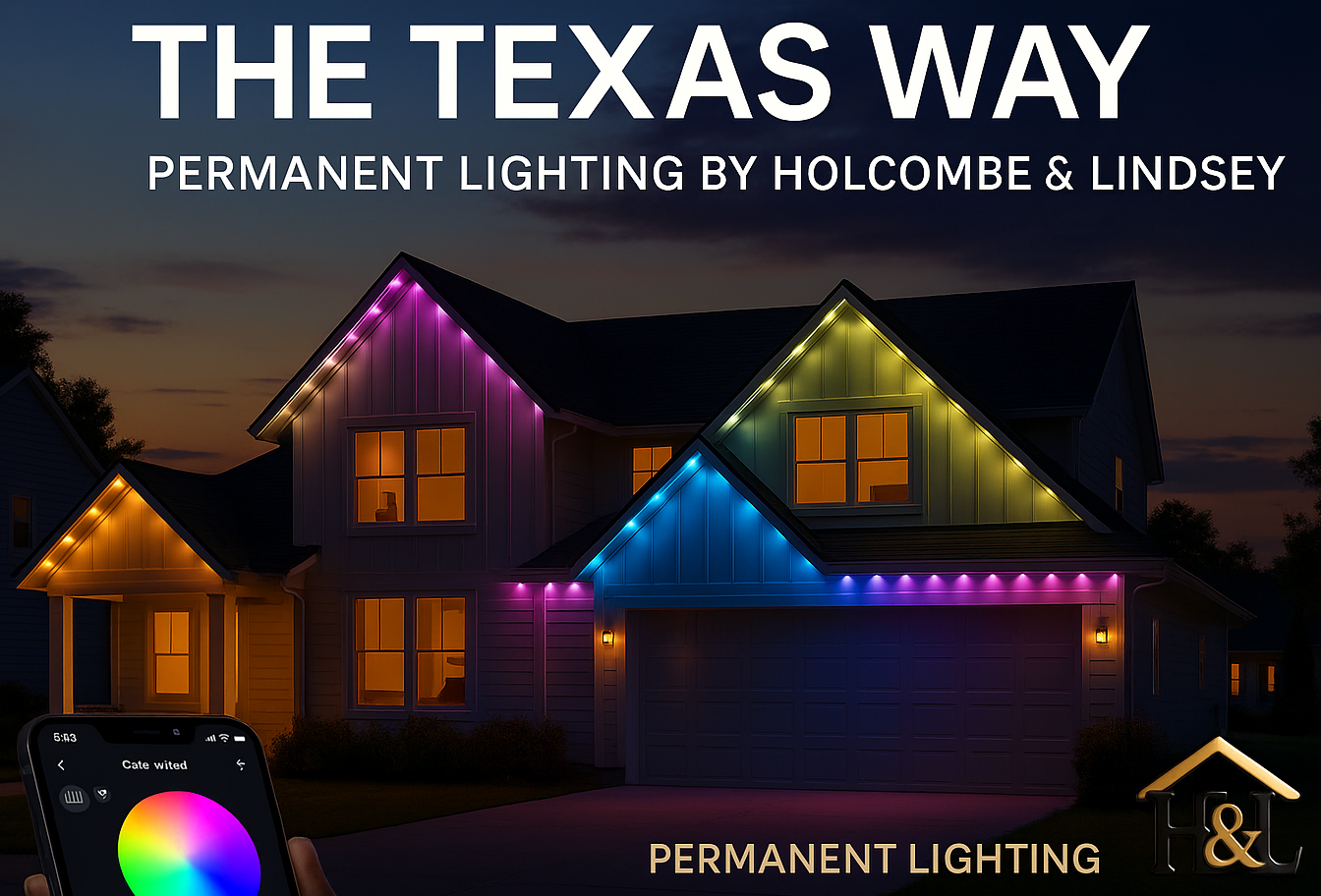Beautiful home with colorful permanent lighting by Holcombe and Lindsey